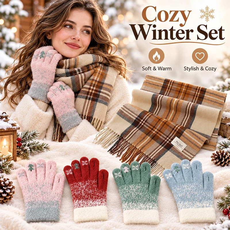 2 Pcs Christmas Plaid Scarf Touch Screen Gloves Set Multiple Styles Available Women Winter Warm Knit Gift Xmas Flake Checkered Neck Warmer Thermal Mittens Holiday Present for Girlfriend Mom Wife