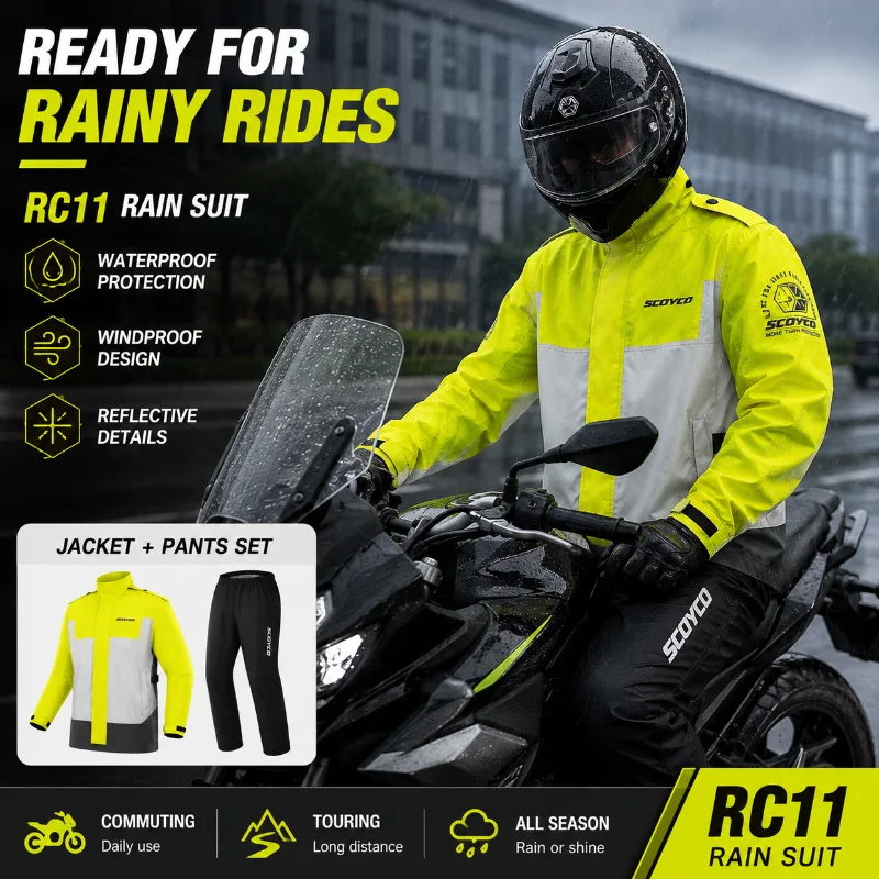 RC11 Motorcycle Rain Suit Men Waterproof Windproof Riding Jacket Pants Set Reflective Commuting Touring Rain Gear