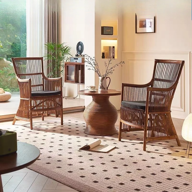Vintage rattan chair, natural Indonesian rattan woven home leisure chair, medieval wabi-sabi back chair