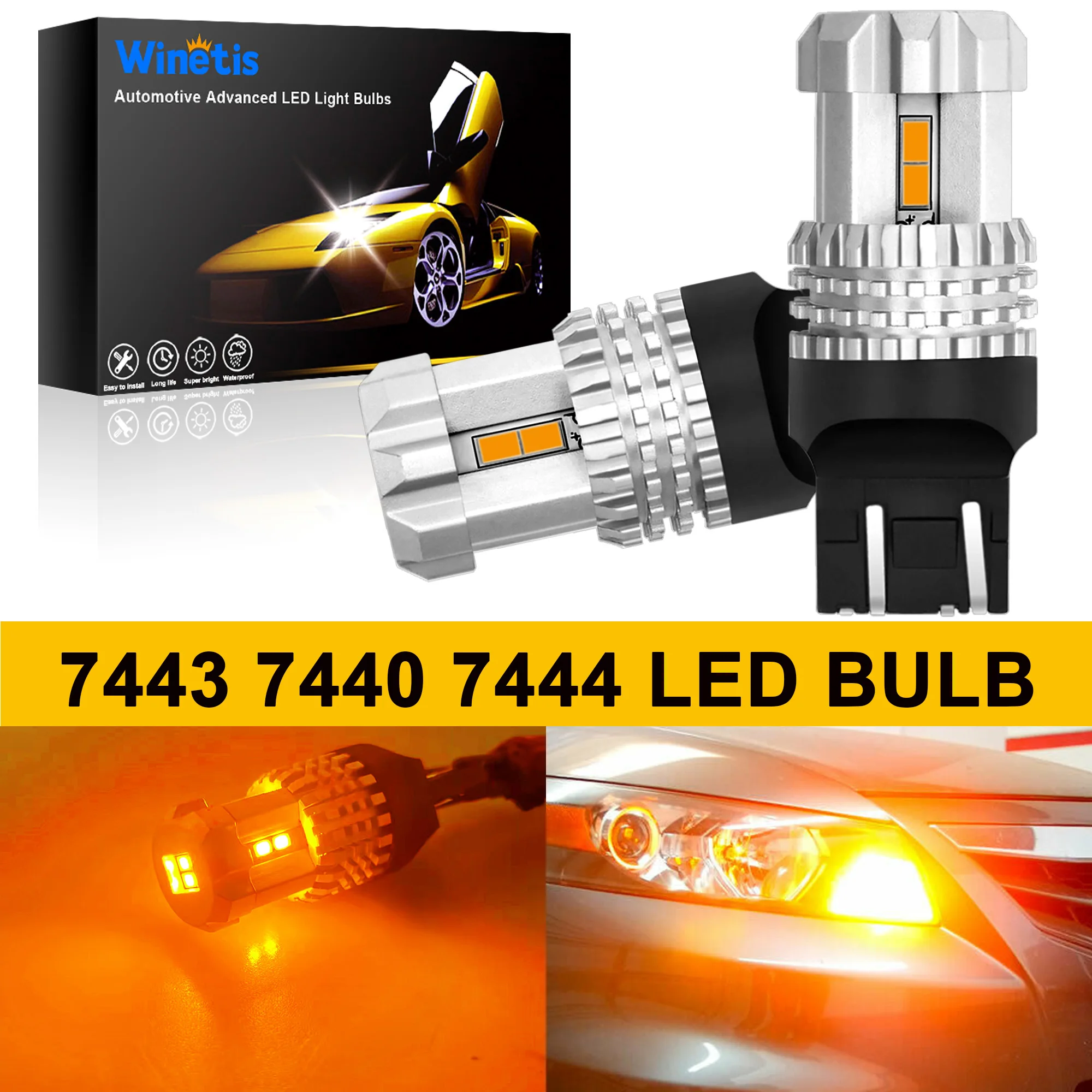 

Winetis 2X 7443 7444 3000K Amber Yellow LED Bulbs Replace Front Rear Turn Signal Blinker Lights Canbus Error Free