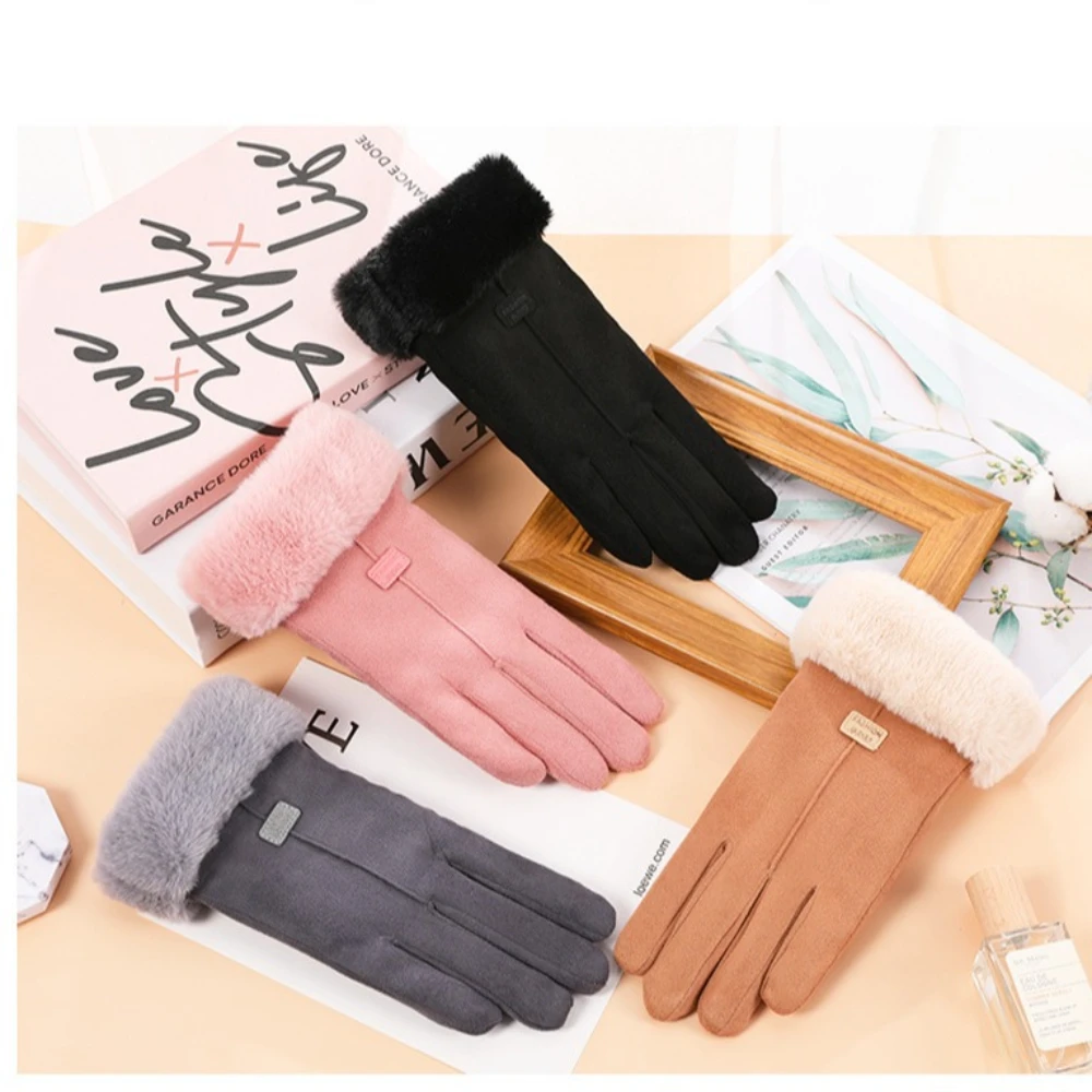 

100pcs Women Winter Thick Plush Gloves Fashion Warm Suede Outdoor Guantes Lady Touchscreen Driving Gloves Sports Cycling Mittens