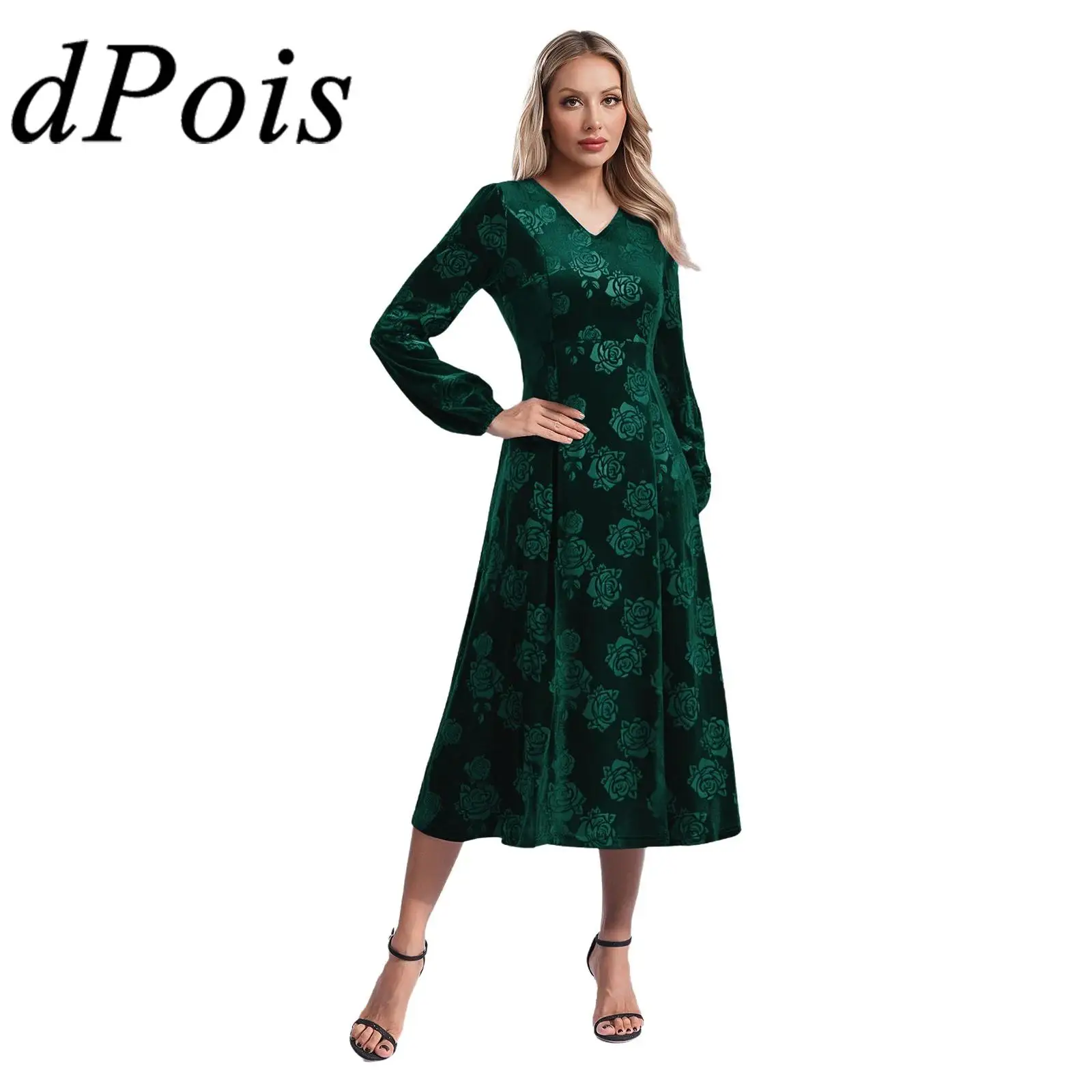 Womens Vintage jaren 1920 Flapper fluwelen jurk Rose Jacquard V-hals lange mouw A-lijn midi-lengte jurk voor cocktails bruiloften feest