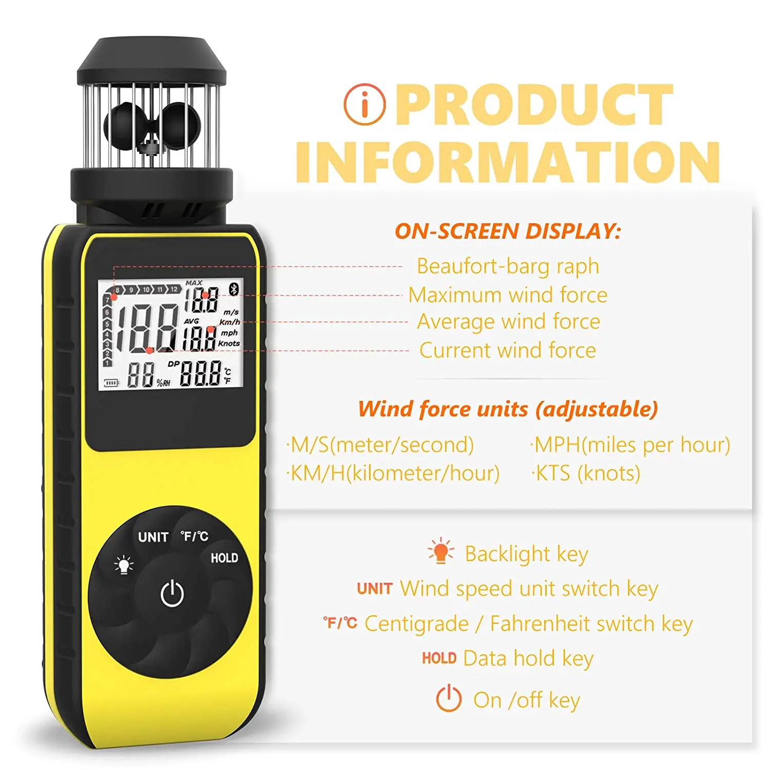 BT-881M Anemometer/Handheld Anemometer, 360° Rotation for Measuring Wind Speed, Wind Direction, Temperature, with LCD Backlight