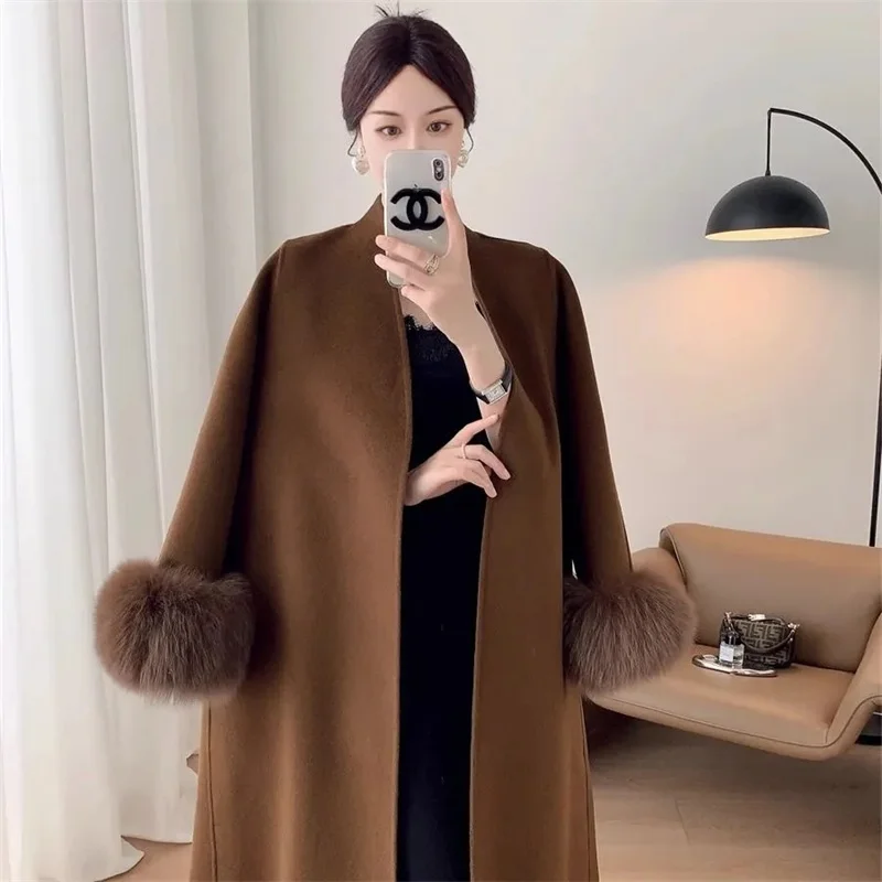 جديد الطبيعية الثعلب الفراء سميكة الوجهين معطف الصوف الإناث طويلة الخريف الشتاء فضفاض الدانتيل متابعة المعاطف الصوفية النساء معاطف الموضة #3