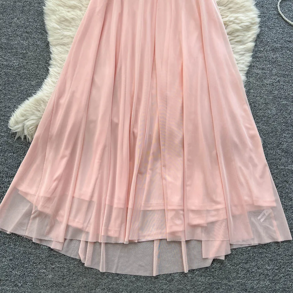 Chic vintage backless V-neck mesh sleeveless Elegant Fairy korean fashion Boho Sundress women clothing dress