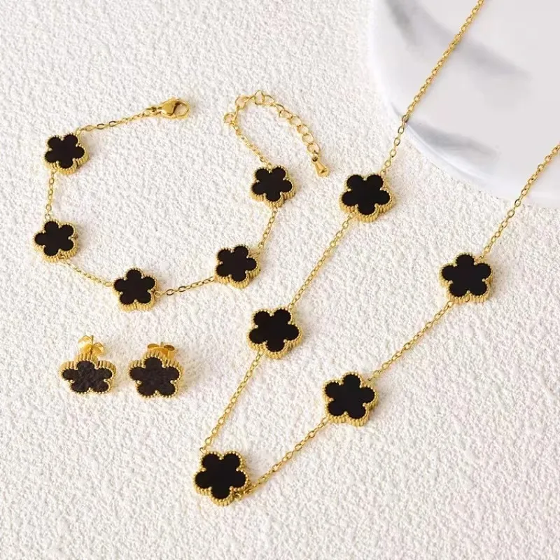 3Pcs Hot Selling New Minimalist Plant Five Leaf Flower Set Gold-Plated Stainless Steel Non Fading Women's Jewelry Clover Gift