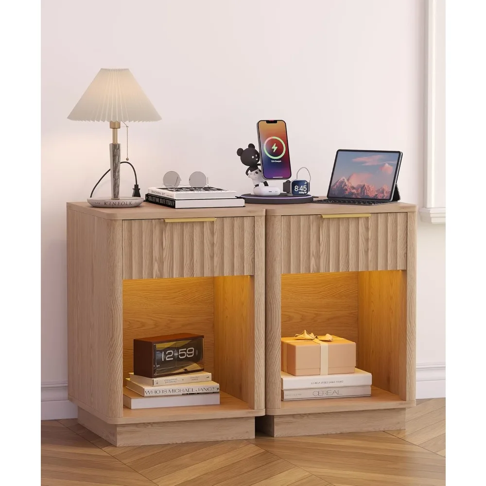 طقم منضدة مكونة من قطعتين، حامل ليلي خشبي مع قاعدة شحن وإضاءة LED، طاولة نهاية حديثة مع درج وتخزين مفتوح #1