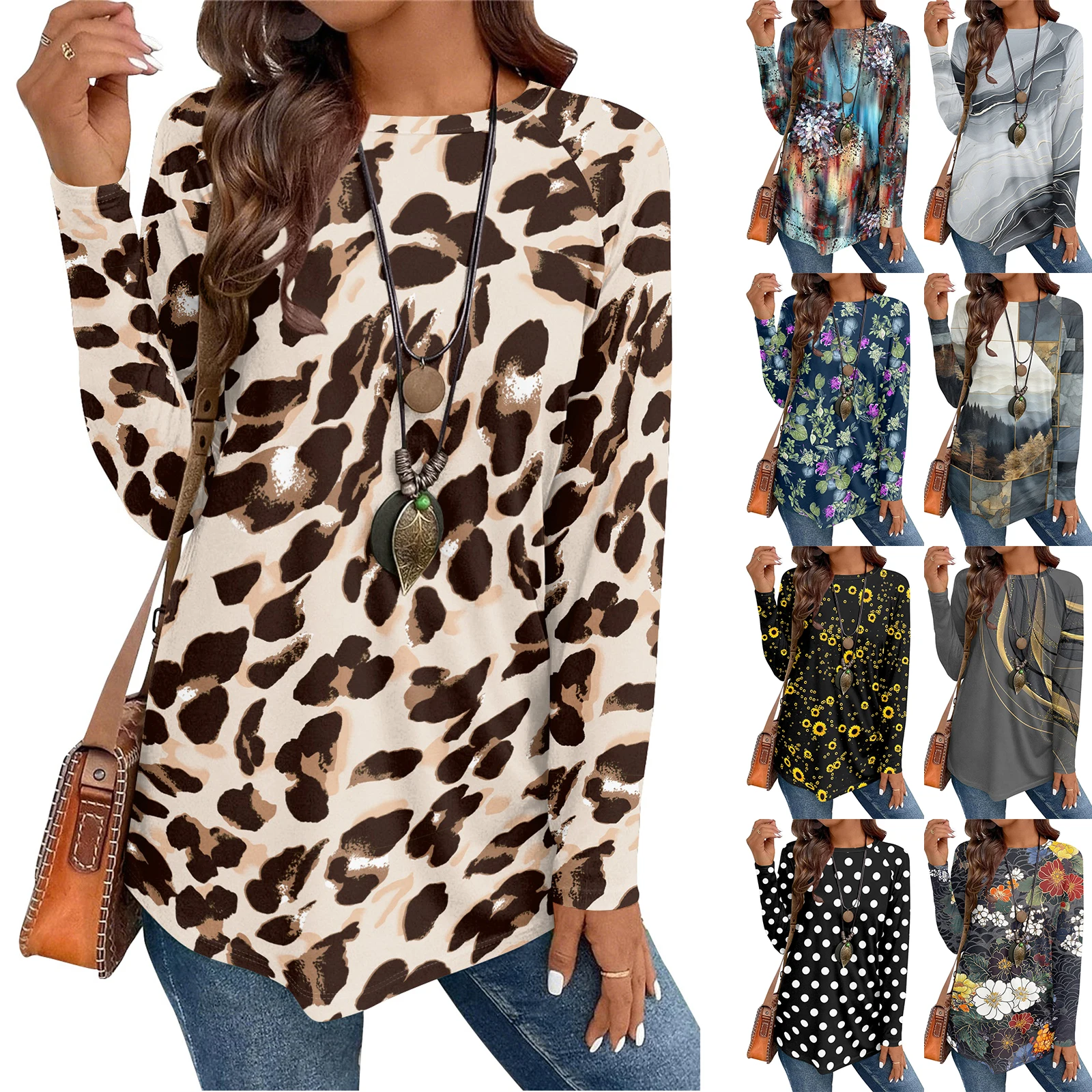الرجعية المطبوعة نمط البلوز فضفاض جولة الرقبة طويلة الأكمام أعلى الربيع والخريف المرأة الأعلى في الهواء الطلق السترة الأعلى #2