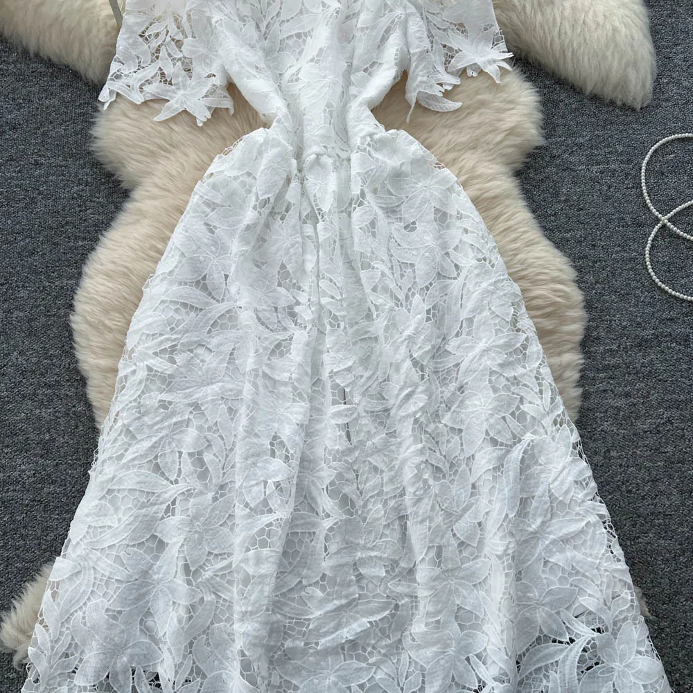 Chic Vintage Haken Blume hohl Kurzarm elegante Fee koreanische Mode Boho Kleid Frauen Kleidung Kleid