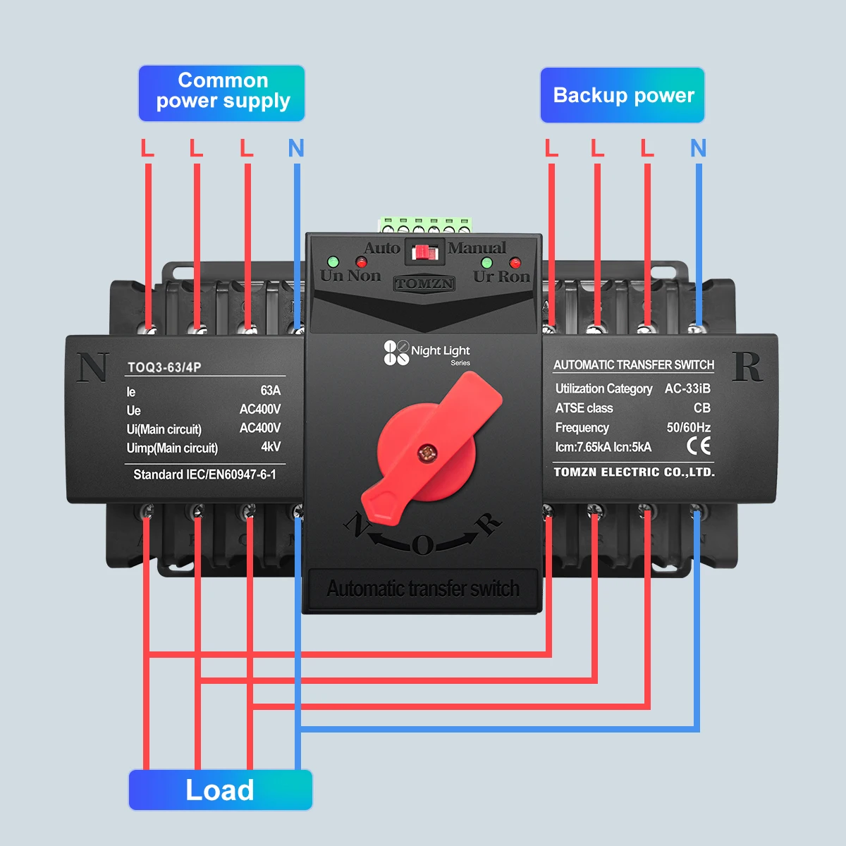 TOMZN 4P 63A 125A 220V 230V 50/60Hz MCB type Dual Power Automatic transfer switch ATS 2 input 2 output night light series
