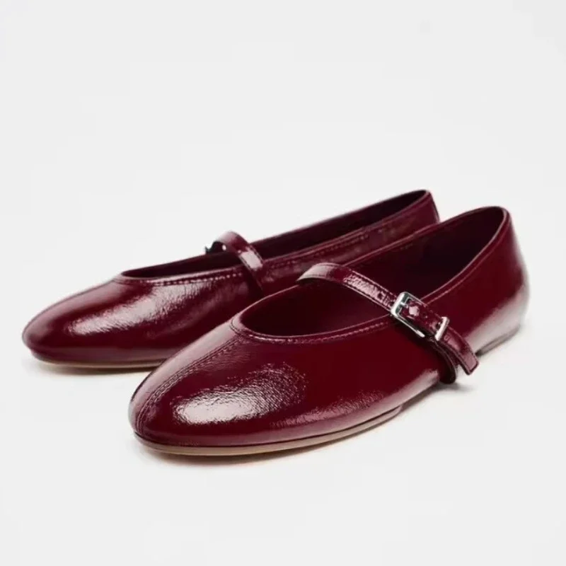 

Red Soft Leather Ballet Flats Women Fashion Round Toe Belt Buckle Flat Designer Shoes Light Cozy Women Loafers Zapatos De Mujer