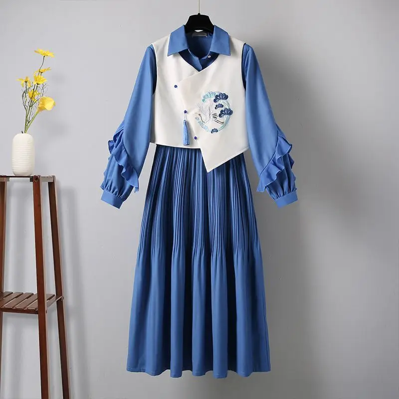 Chaleco bordado de estilo chino para primavera y otoño para mujer, vestido Midi azul, conjunto de 1 o dos piezas, elegante vestido Retro con borlas, traje