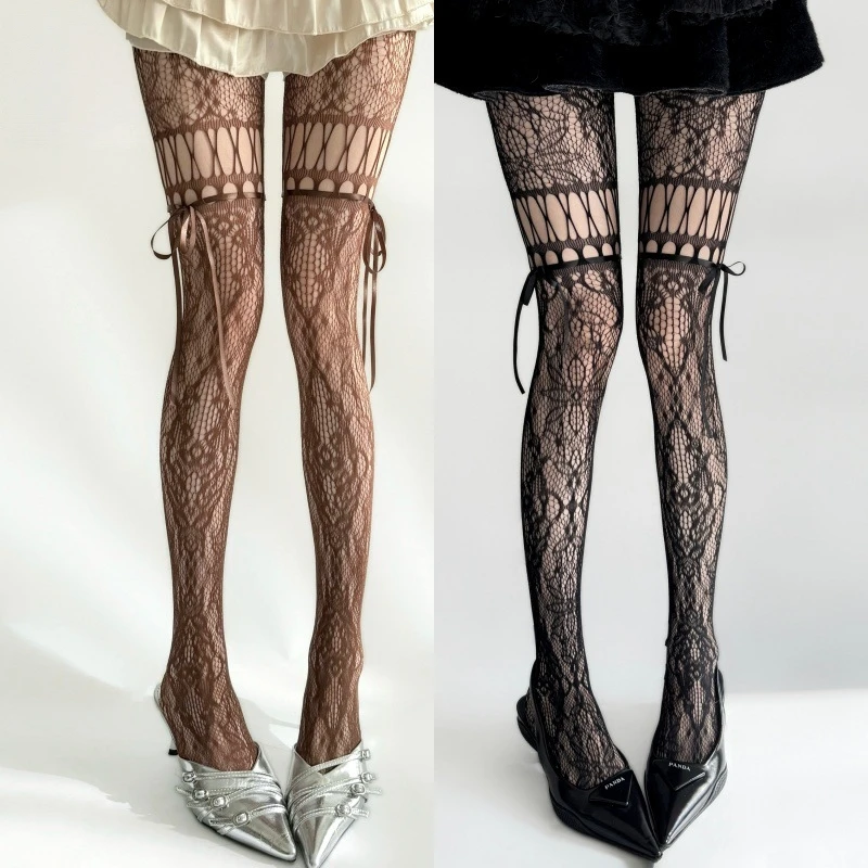 Women Hollow Out Lace Bowknot Binding Strap Mesh Trousers Millennial Trendy Hot Girl Pantyhose Lace Up See Through Net Tights