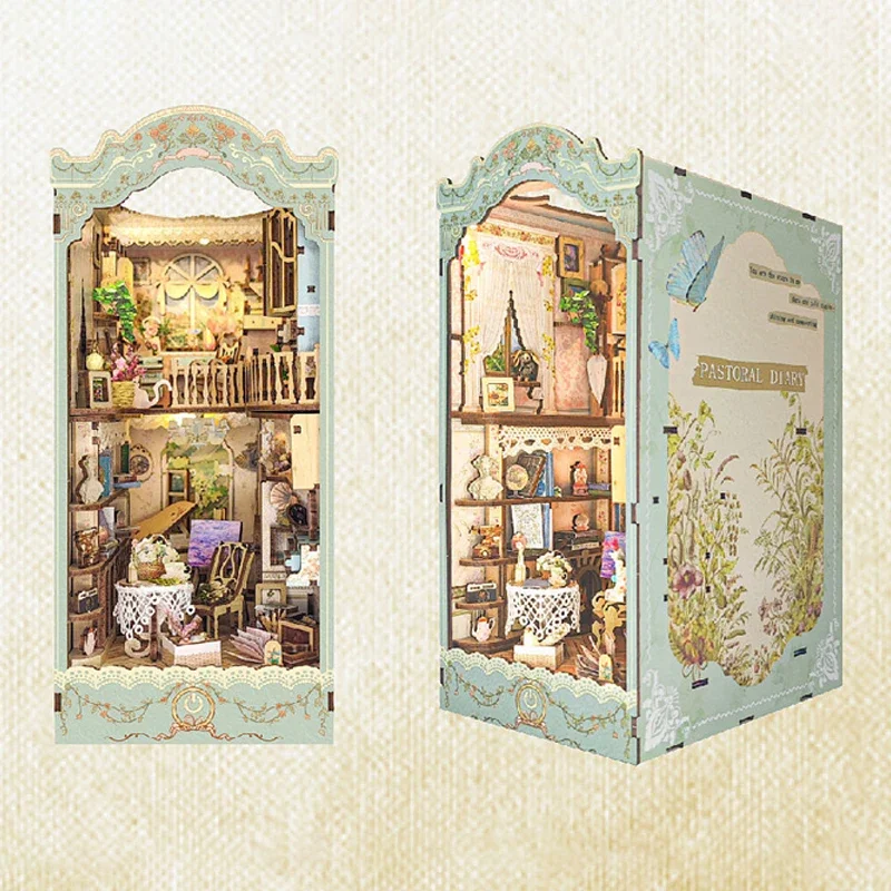 

Creative DIY Wooden Book Nook Shelf Insert Miniature Kits Pastoral Diary Bookends Doll House Bookshelf Home Decor Handmade Gifts