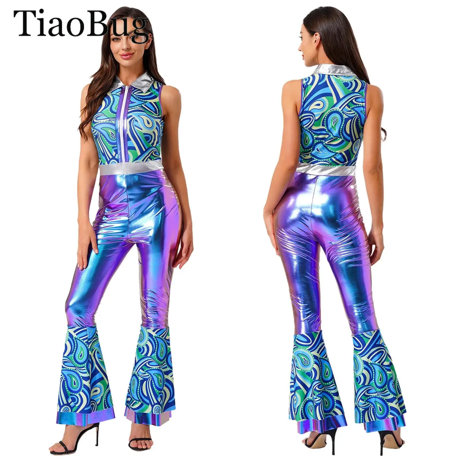 

Womens 70s Disco Dance Rompers Jumpsuit Chic Print Metallic Shiny Sleeveless Tiered Flared Bodysuit Hippie Jazz Dance Costumes