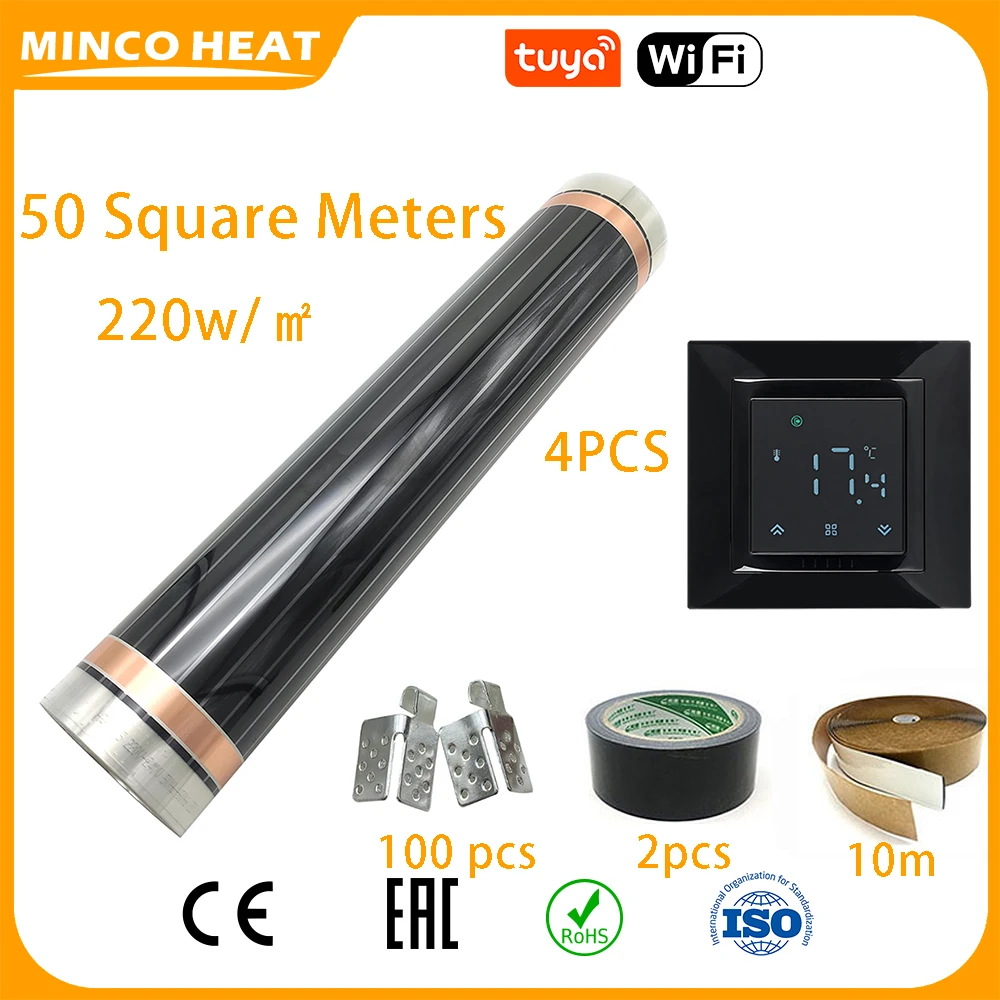 Minco Heat Infrared Energy Saving Underfloor Warming Heating Mat 50㎡ 220w/m2 Heating Film Kits with Floor Heating Thermostat