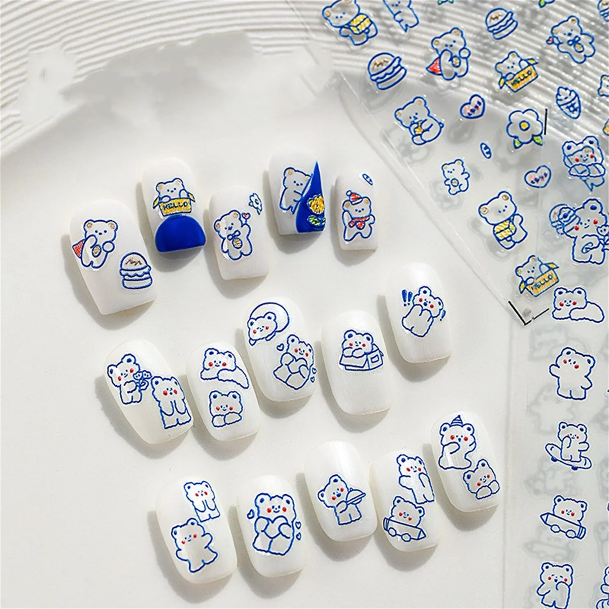 1pcs Cartoon 5D Relief Blue Hollow Bear Nail Art Stickers Kawaii Animals Adhesive Transfer Nail Decorations Slider Decals DIY