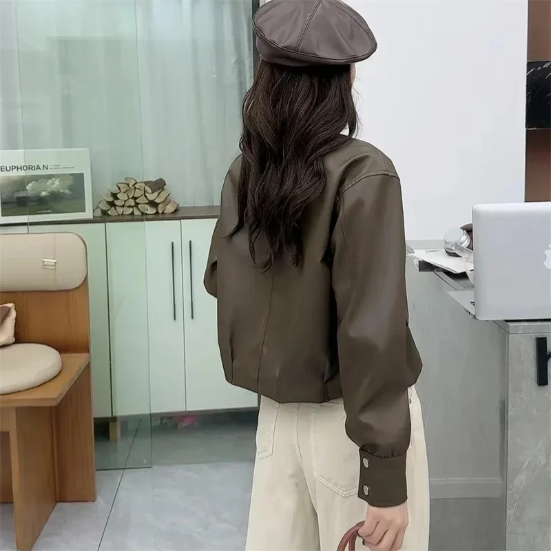 Pop Short And Petite Motorcycle Suit With Stand Up Collar Fashionable Leather Jacket For Women European 2024 Autumn Slimming Coa