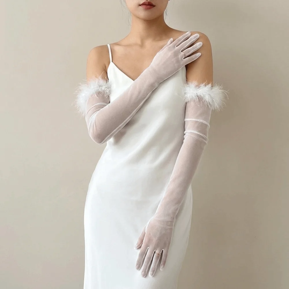 Fashion Silk Feather Gloves Transparent Mesh Long Gloves 55CM Long Bridal Gown Accessories Travel