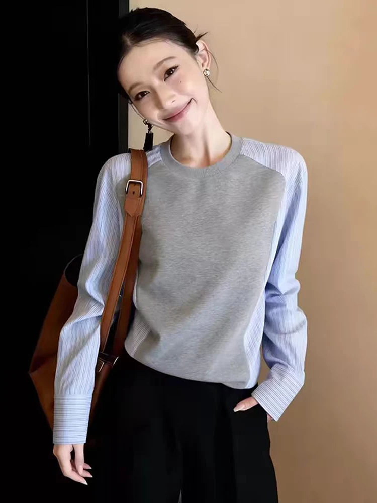 

Spring 2026 Women's round Ne Long Sve Sweatirt Stripe Patchwork Design Versatile Fake Two-Piece Sle Comfortable Top