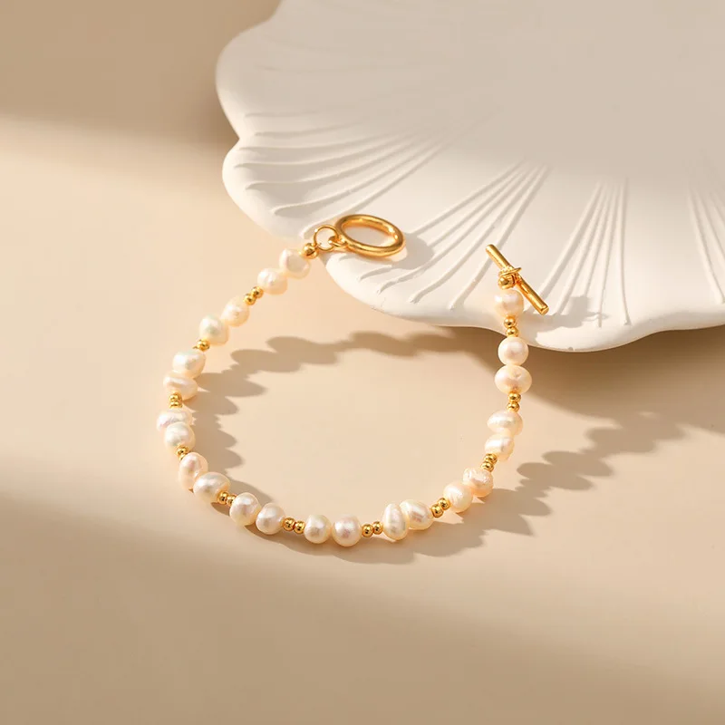 Summer New Fashion Natural Pearl Bracelet for Women Stainless Steel OT Buckle Bangles Original Korean Design Jewelry Accessories