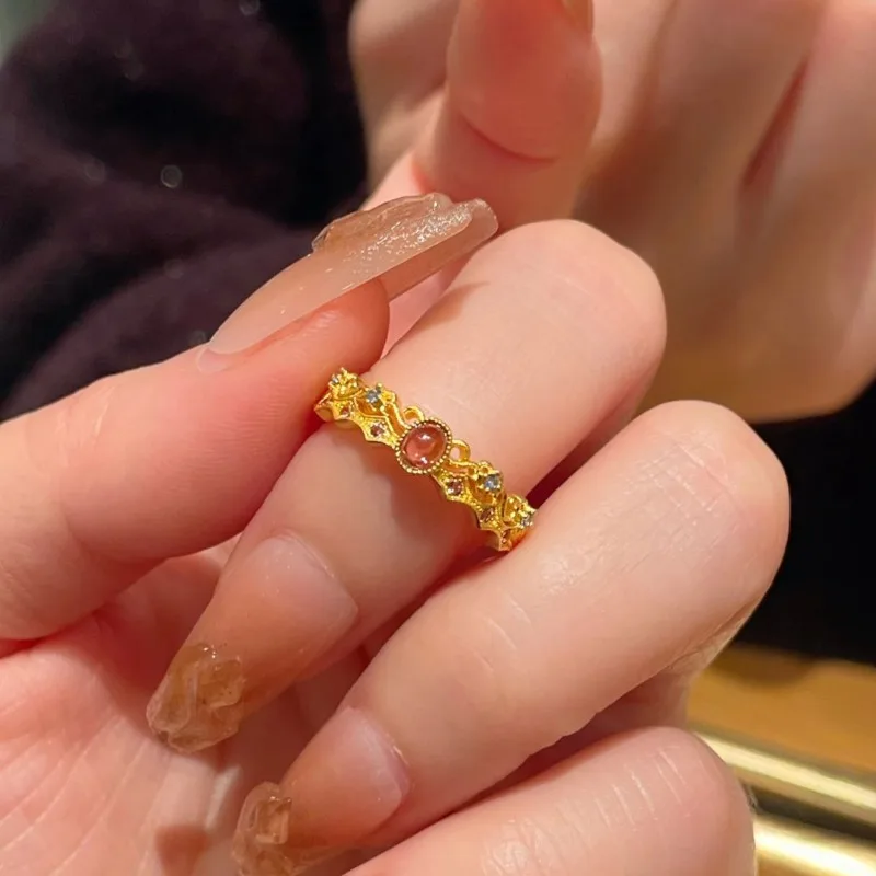 

New Chinese Ancient Gold Inlaid Open Ring Women's Niche Court Fashion Light Luxury High-end Ring Adjustable
