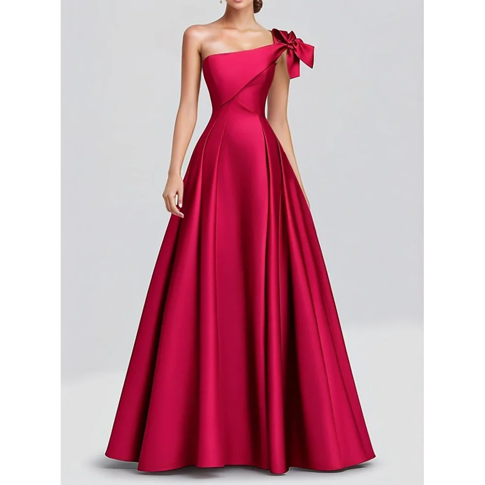 

Women Floor Length Prom Gown One Shoulder Sleeveless Simple Pure Color A Line Backless Party Dresses