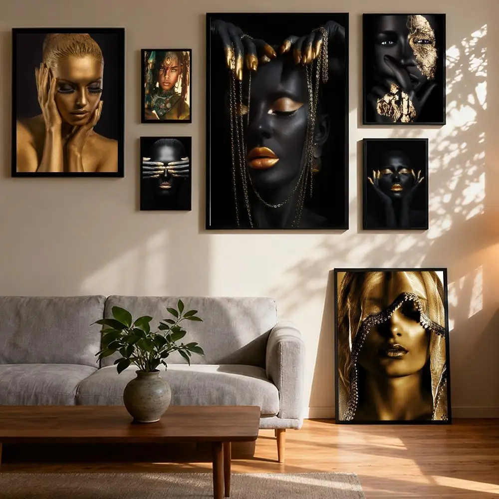 

African Art Black Gold Woman Poster Prints Oil Painting Mural Painting Living Room Home Decoration Party Evening Party Cover