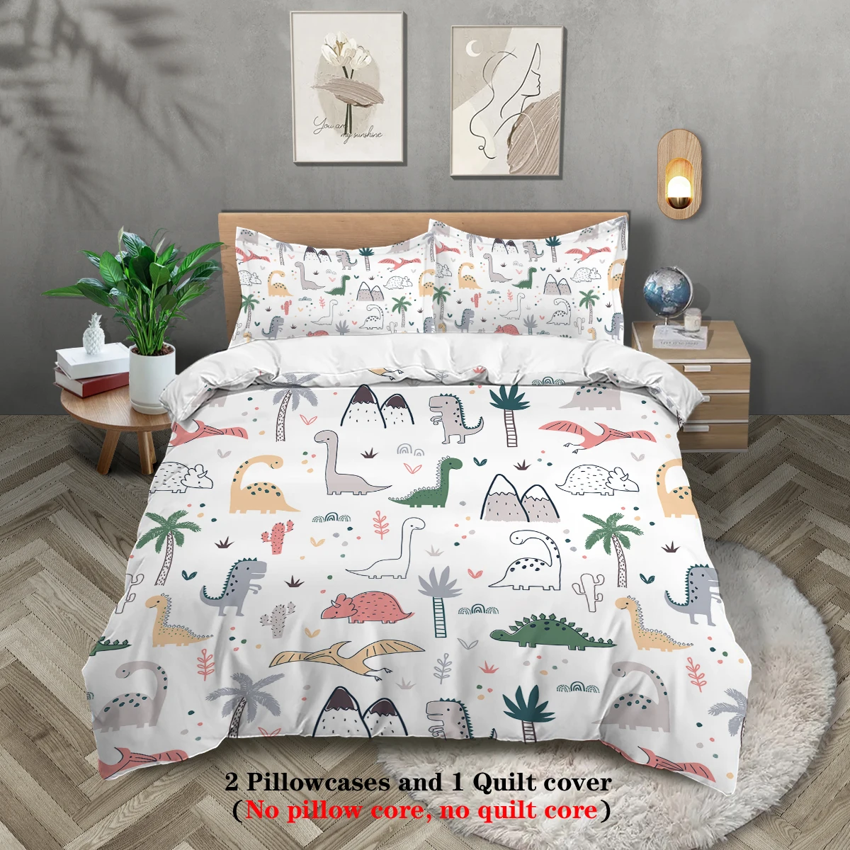 

3pcs cartoon dinosaur pattern printed bedding set, suitable for boy's bedroom, queen, king, twin bed,1*duvet cover+2*pillowcase