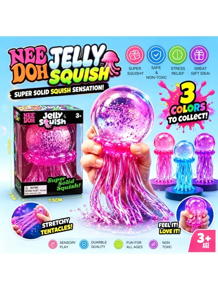 Transparentes Glitzer-Quallen-Quetschspielzeug Superweicher TPR-Squeeze-Stressball Sensorisches Fidget-Spielzeug zur Angstlinderung