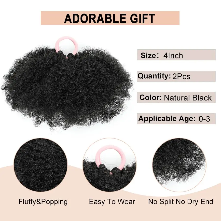 2Pcs Kids Puff Ponytail Synthetic 4inch Black Mini Afro Kinky Curly Hair Bun For Little Girls Comfortable Lightweight Hairpieces