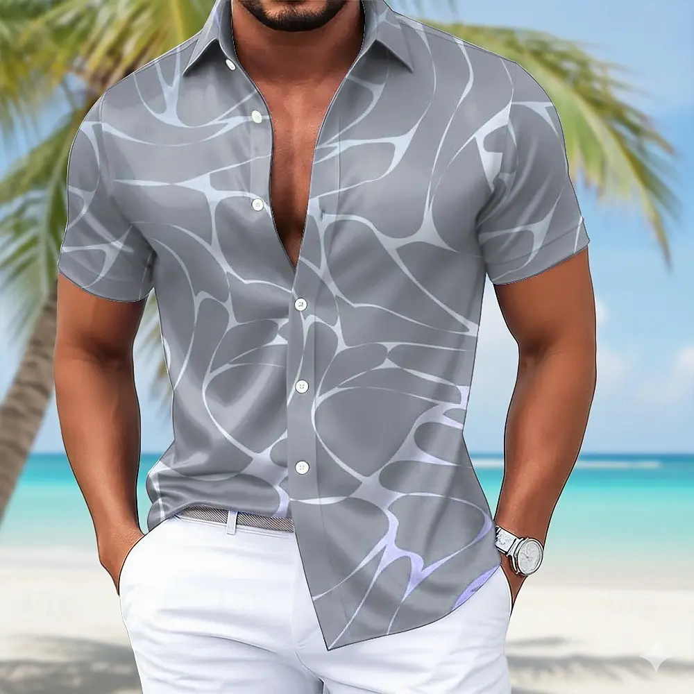 

Men's Abstract Wave Print Shirt Grey Blue Short Sleeve Lapel Collar Casual Summer Button Up Loose Fashion Tops
