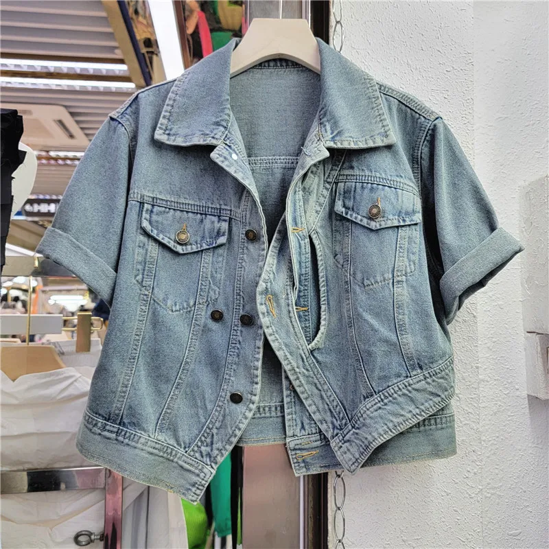 

Vintage Blue Denim Jacket Women Loose Short Cowboy Outerwear Spring Autumn Irregular Short Sleeve Big Pocket Jeans Jacket Female