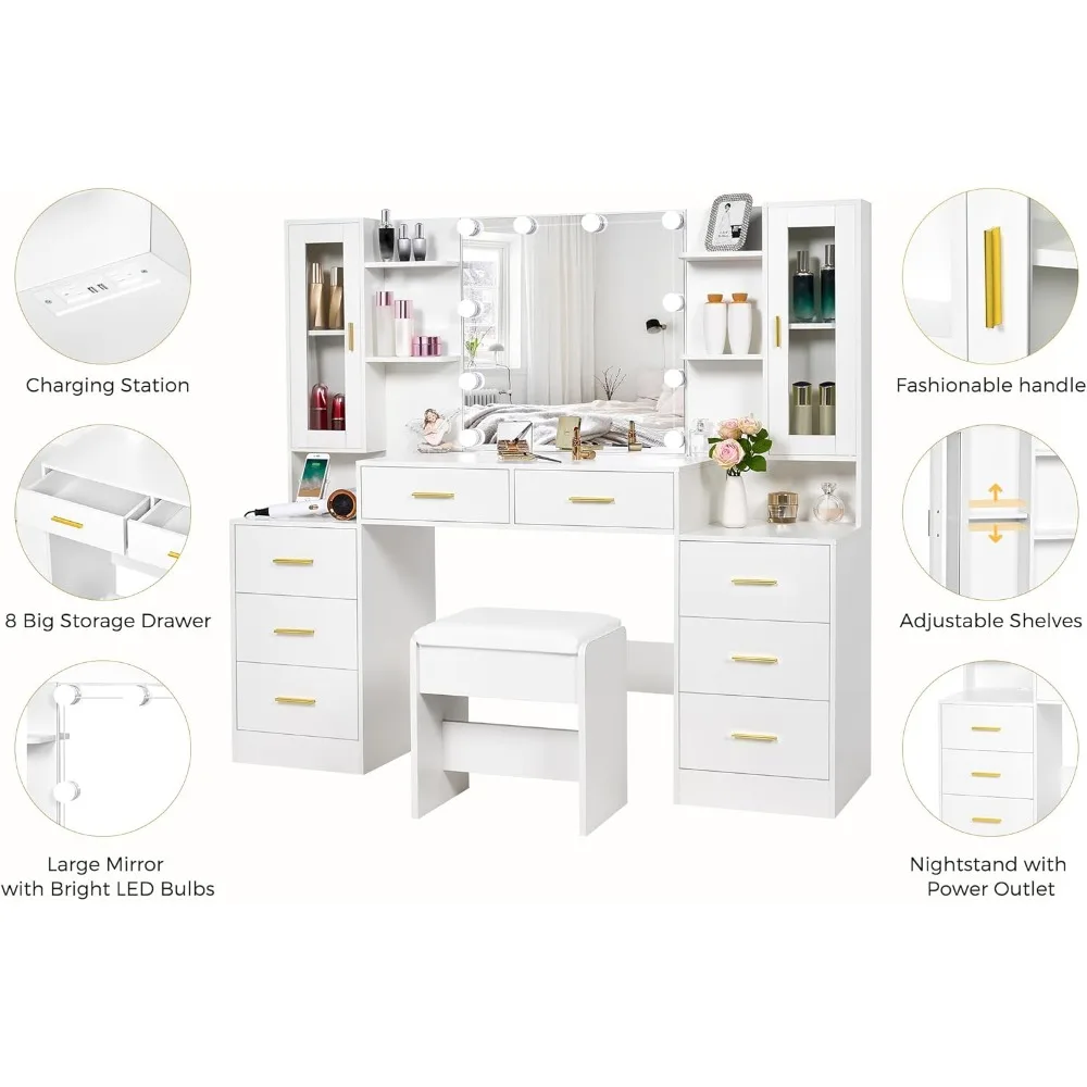 59.1"Large Vanity Desk with Mirror & Lights White Makeup Vanity Set with Power Outlet and 8 Drawers 3 Lighting Modes Adjustable
