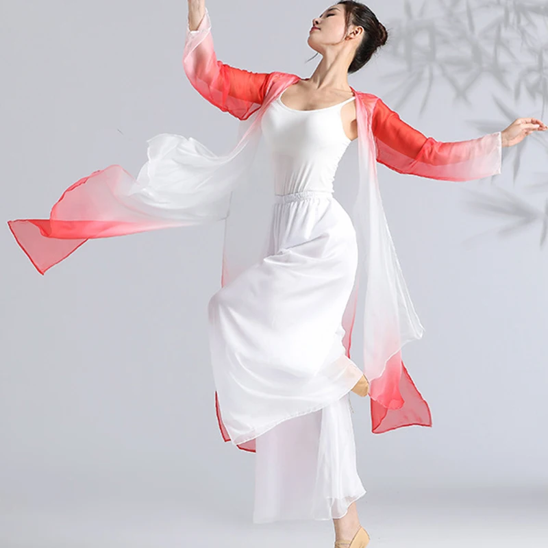 Chinese Folk Dance Long Tops Fairy Elegant Gradient Chiffon Cardigan Hanfu Women Classical Dance Practice Performance Costume