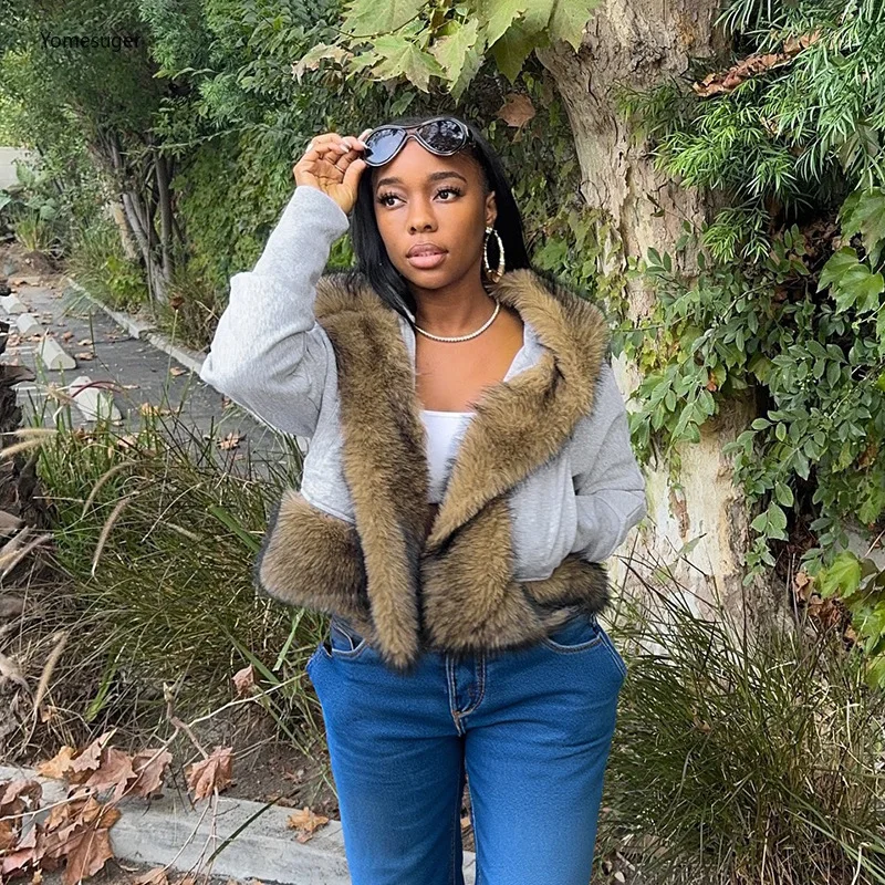 

Yomesugar Women's Faux Fur Patchwork Hooded Jacket Fashion Warm Full Sleeve Hook Buckle Cardigan Coat Outerwear Y2K Streetwear