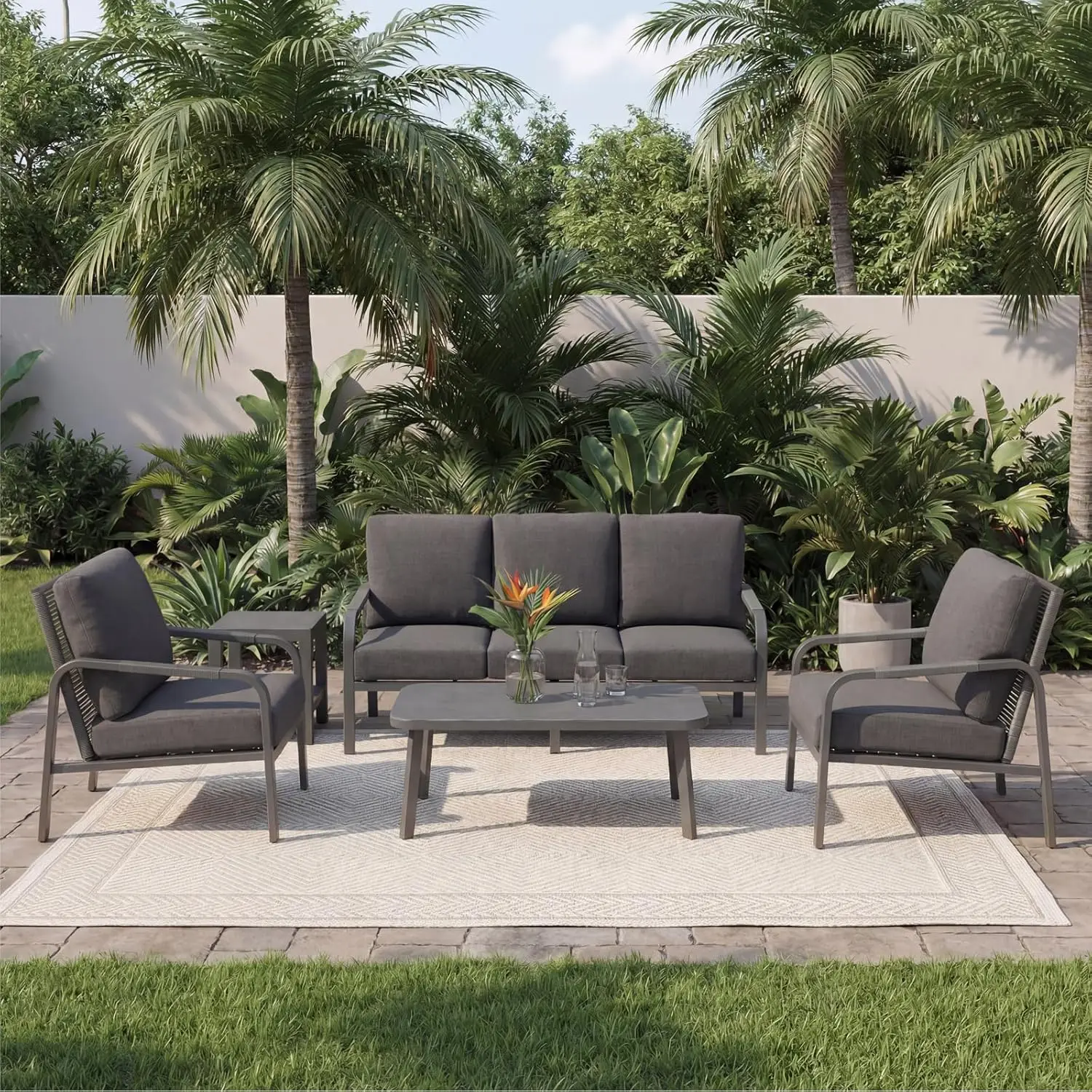 

5-Piece Outdoor Patio Furniture Set – Aluminum Frame with Side Table, Hand-Woven Rattan Design, Deck, and Porch (Grey)