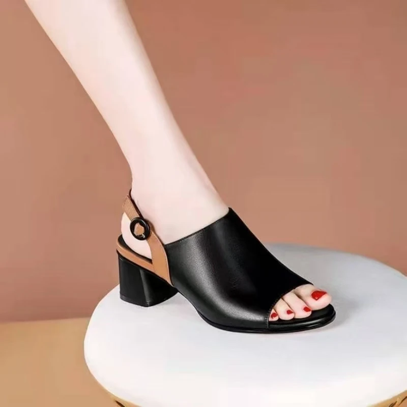 

Women Leather High Heel Peep Toe Sandals Summer New Soft sole Slip On Fashionable Block Heel Sandals Match The Skirt Sandals