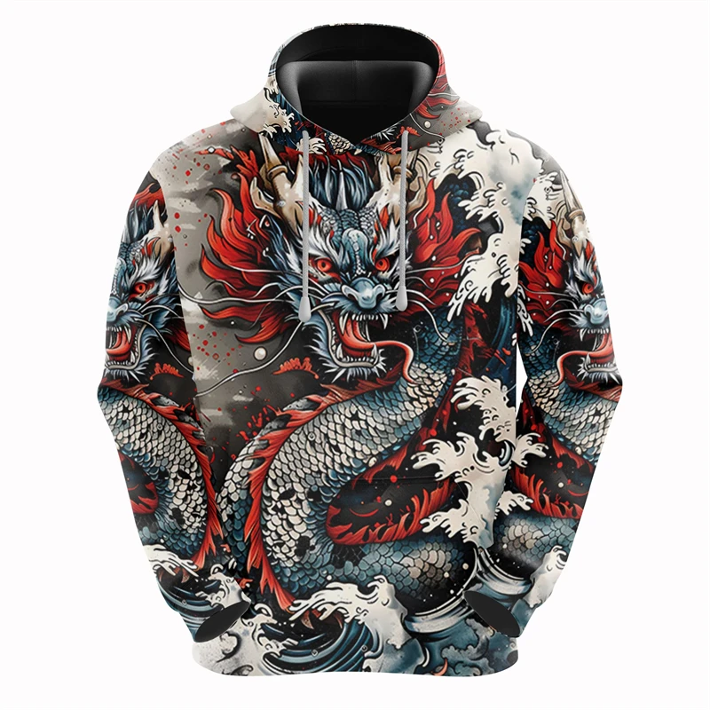 Funny 3D Chinese Loong Print Men's Sweatshirts Fashion Animal Pattern Oversized Oversized Hoodie Autumn Winter Casual Clothing