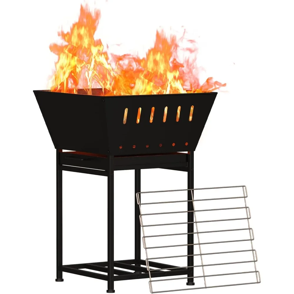 

24-дюймовая уличная дровяная костра с грилем и местом для хранения — квадратная костра двойного назначения с пепельницей
