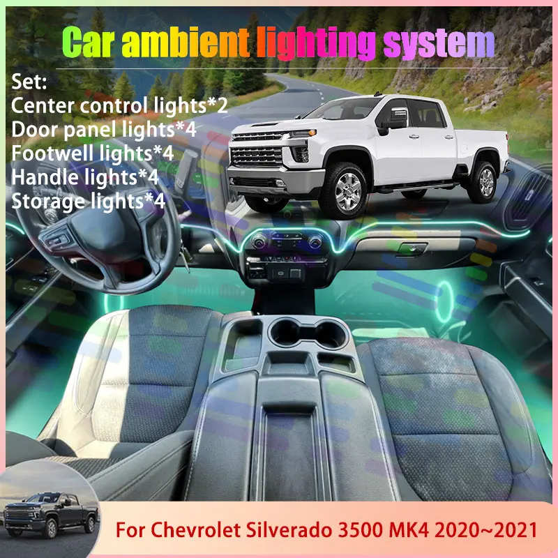 

Для Chevrolet Silverado 3500 MK4 4 2020 ~ 2021 6/18 в 1, автомобильная атмосферная лампа, RGB абажур, ансамбль, стример, атмосферный набор