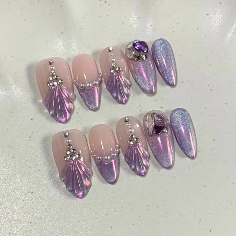 24 Pcs 3D Fish Tail Pearl French Fake Nails Girl Cat's Eye Press on Nails Nail Tips Adhesive Ready-made Artificial Finger Nails