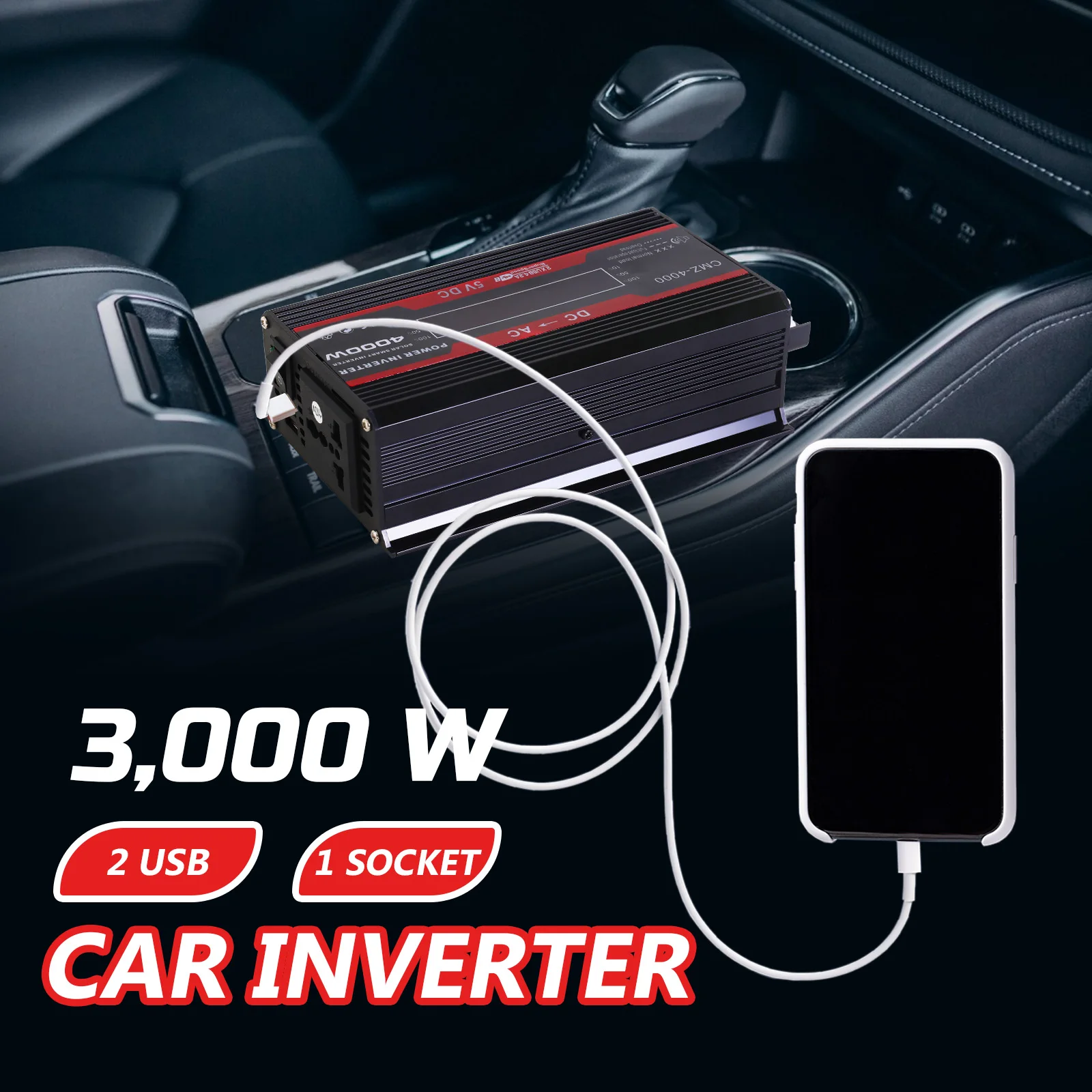 3000W Car Power Inverter DC 12V To AC 110V Converter Pure Sine Wave 60HZ Portable Fast Charging LCD Screen Display