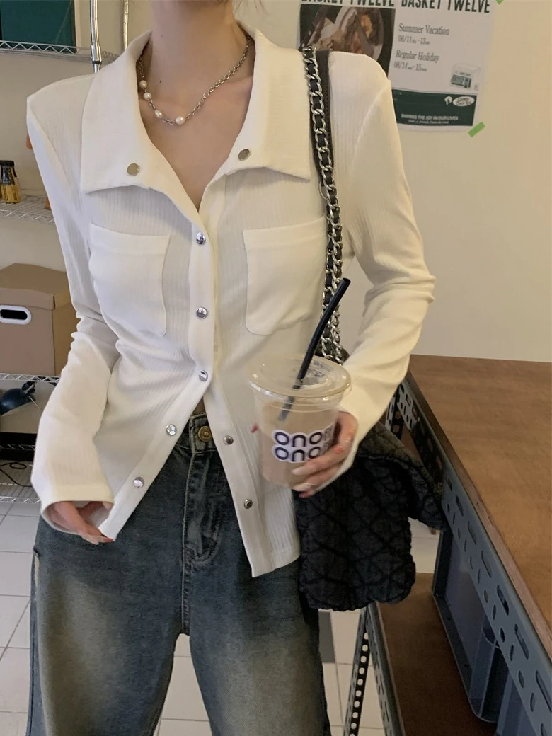 여성용 패셔너블 롱 슬리브 턴다운 칼라 탑 한국 스타일 가을 신상 이너웨어