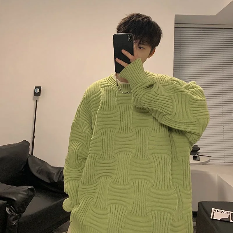 Suéter masculino com gola redonda, marca da moda, solto, tridimensional, tecido xadrez, vento preguiçoso