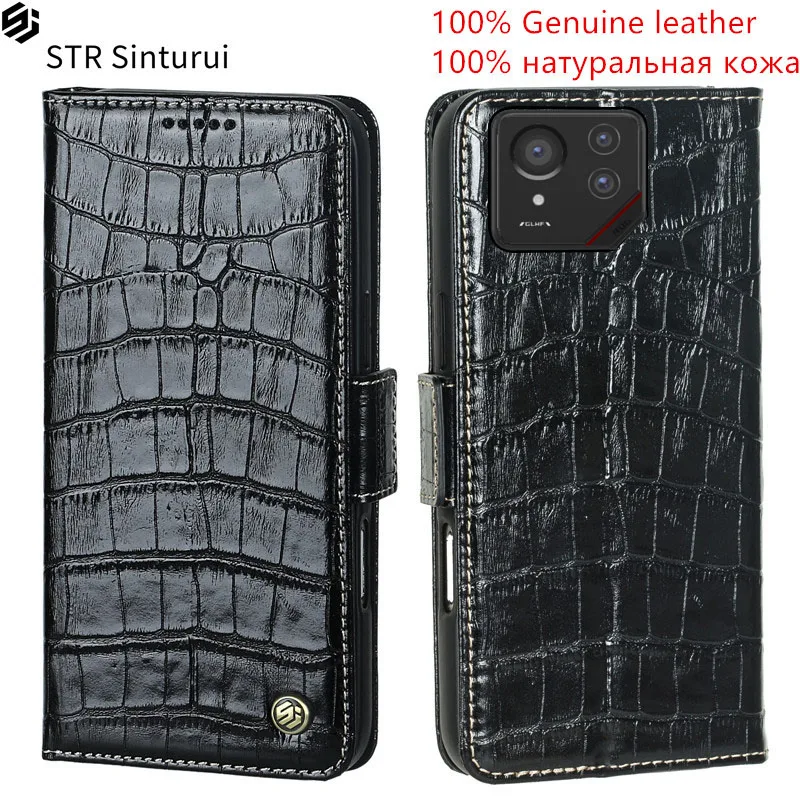 

STR 100% Genuine lychee grain leather card Slot Wallet Cover For Asus ROG Phone 8 9 Pro FE Flip Fall Fall prevention phone Case