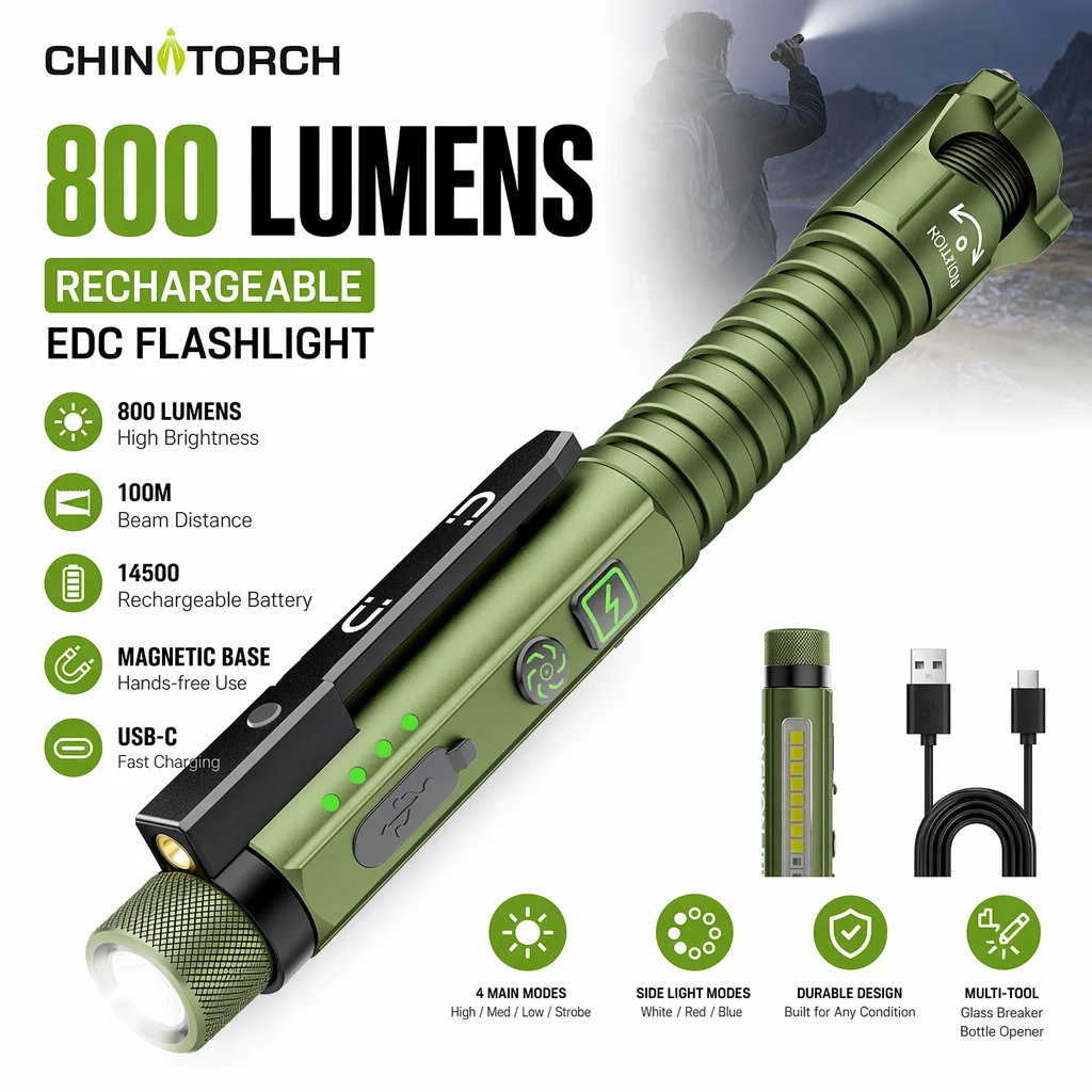 Rechargeable EDC Flashlight, 800 Lumen LED Pocket Light, Magnetic Base & Clip, USB-C, Glass Breaker for Work & Emergency