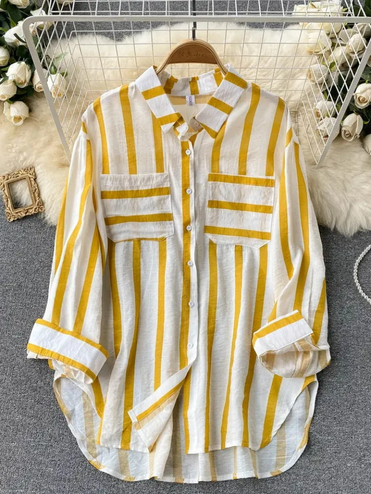 Fashion Woman Blouse 2023 Medium Length Vertical Stripe Shirt Jacket for Women\'s Korean Casual Loose Fitting Elegant Top