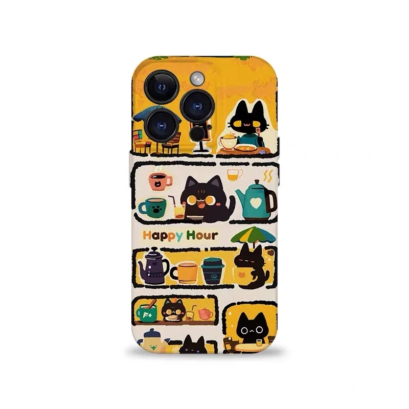 

Yellow Black Cat Cafe Cartoon Phone Case for IPHONE 17 Air 16E 15 PROMAX 14 Plus 13 12 MINI 11 PRO 16Plus XR Acrylic Phone Cover