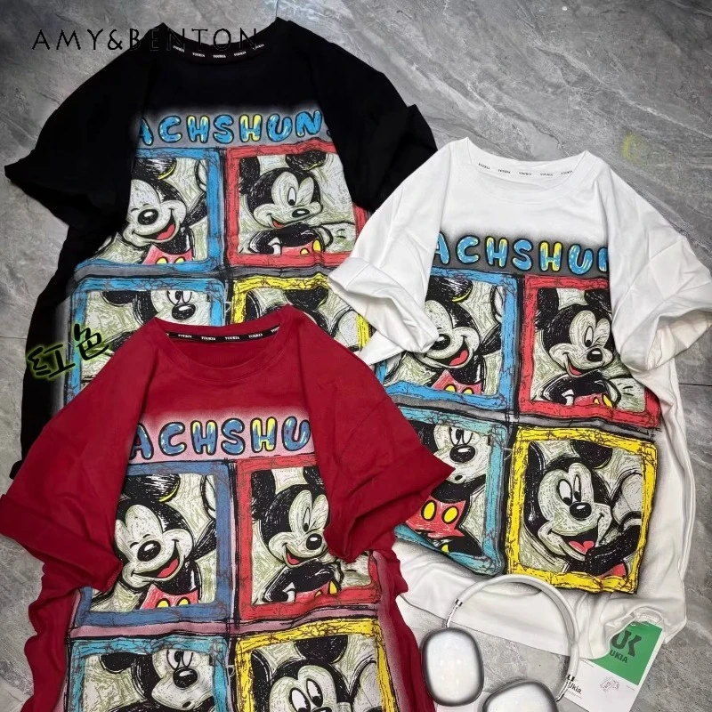 

Fashion Trend American Style Casual Cartoon Print Short Sleeves T-shirt Loose Slimming Stylish Versatile Top Tshirts Pullover